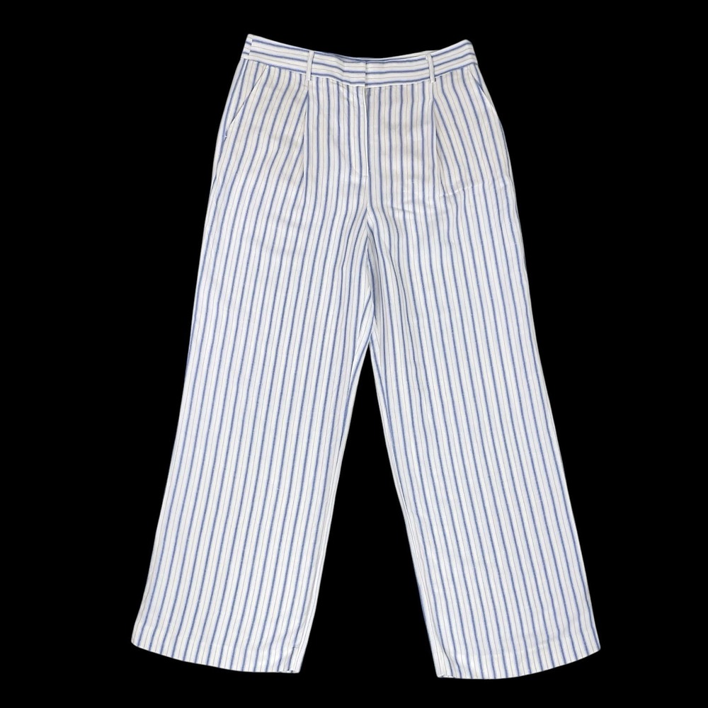 LOFT Pants Women 12 (34x31) White Blue Wide Leg Straight Stripe Linen Blend NWT